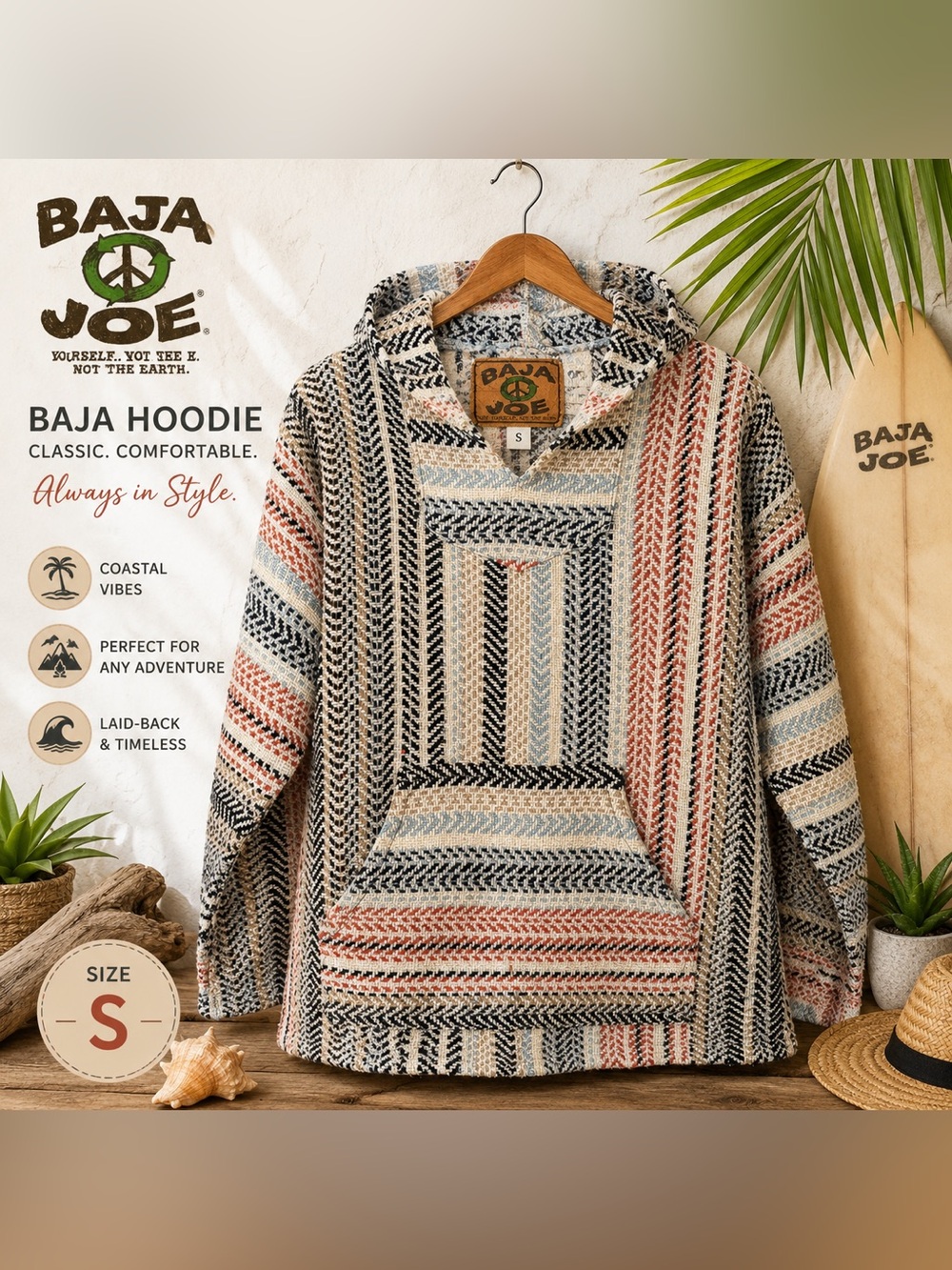 Baja Joe Men’s Hooded Baja Hoodie - Cream, Black & Rust Stripe